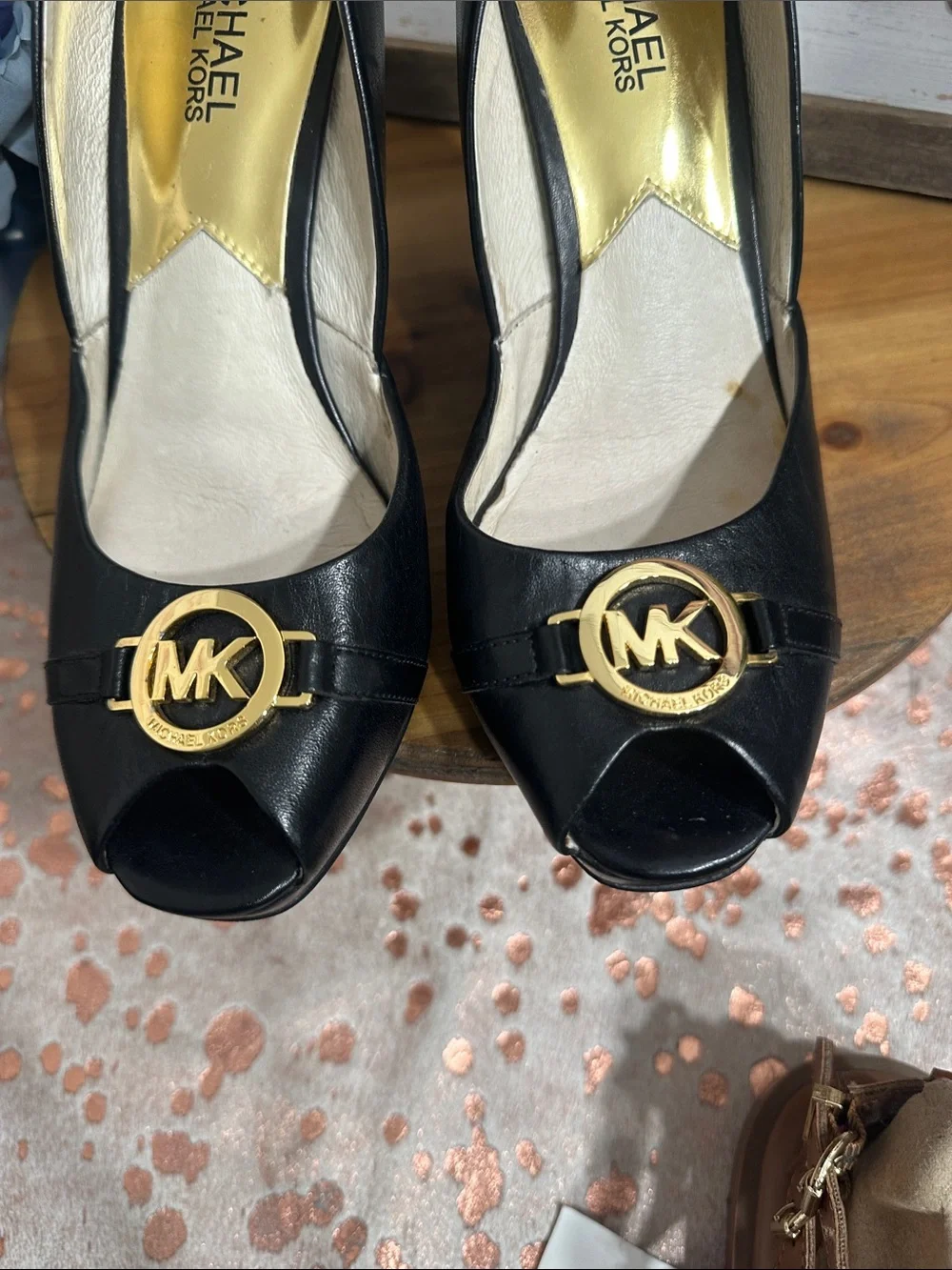 Michael Kors Black Peep-Toe Pumps with Gold MK Accent